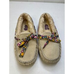 UGG Australia Women Sheepskin Suede Moccasin Slippers Floral Bow Cozy Tan